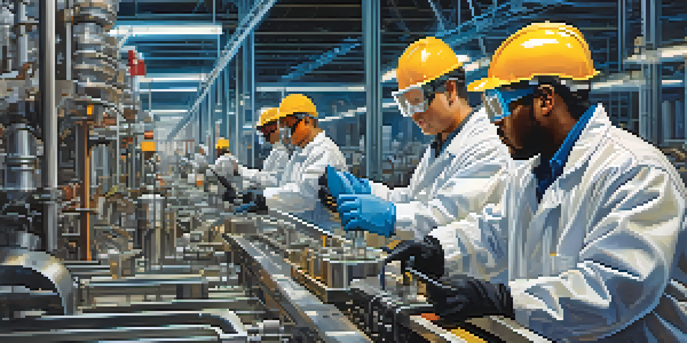 A diverse group of workers in a manufacturing setting wearing personal protective equipment, with machinery and safety signage in the background.