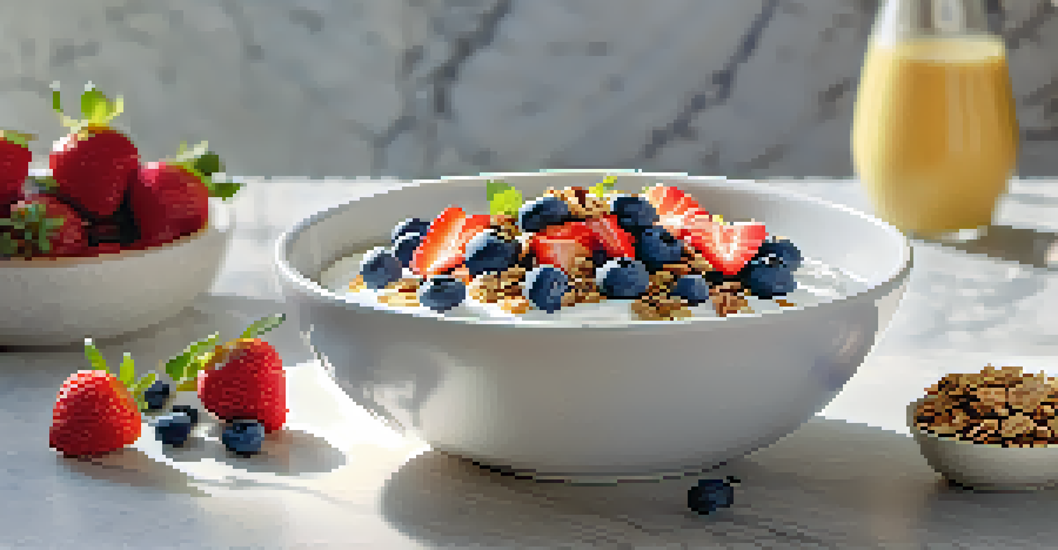 Close-up of a healthy breakfast bowl with Greek yogurt, blueberries, strawberries, and granola on a marble countertop.