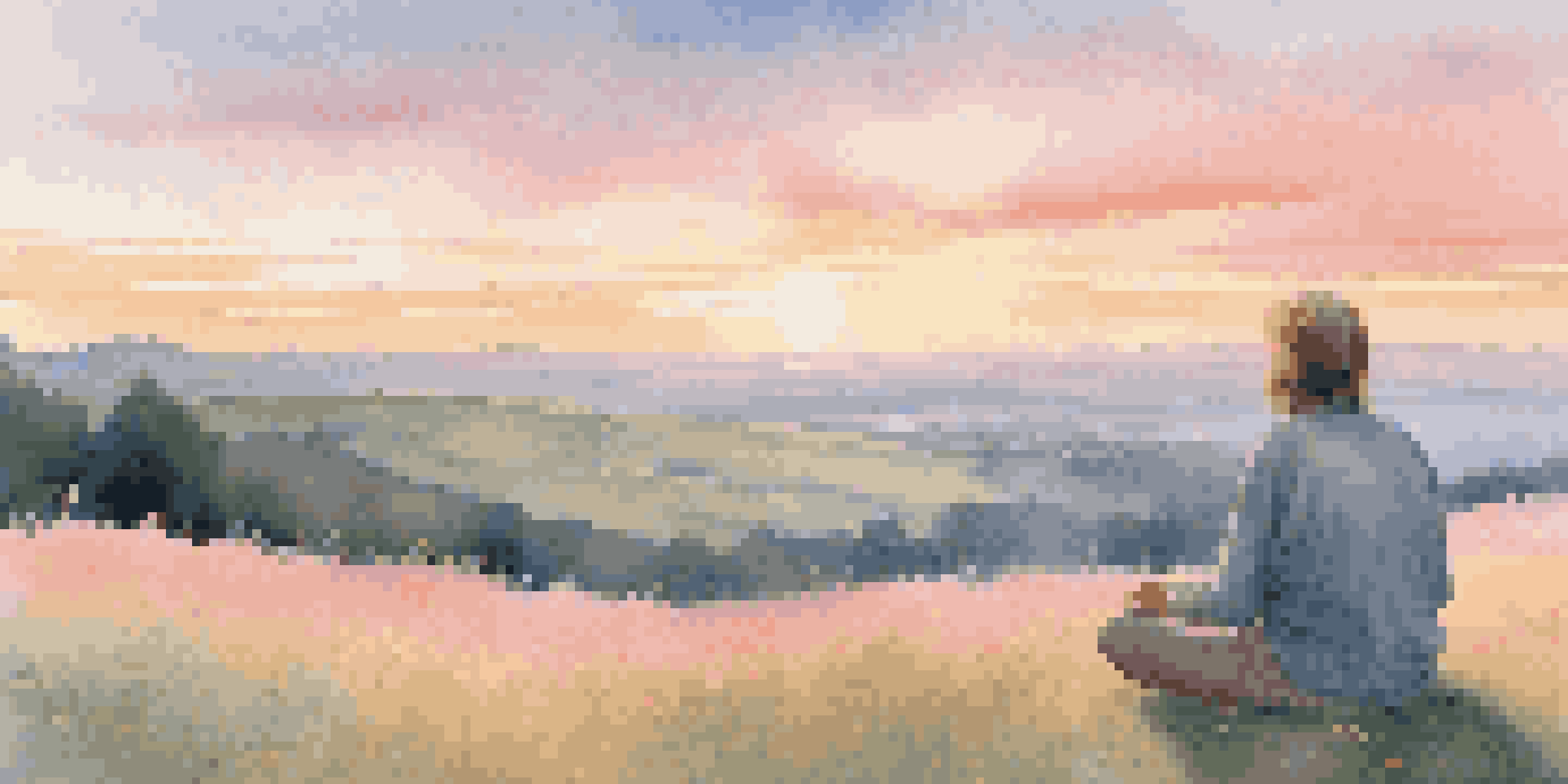 A person meditating on a hilltop during sunrise, surrounded by flowers, with a calm expression.