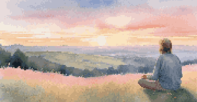 A person meditating on a hilltop during sunrise, surrounded by flowers, with a calm expression.