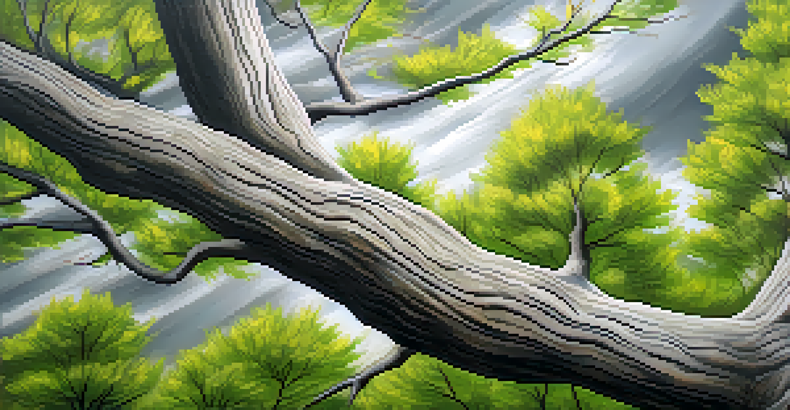 A close-up of a resilient tree bending in the wind, symbolizing strength and adaptation amidst a stormy background.