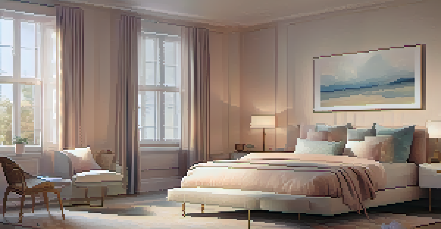 A calming bedroom with smart lighting that changes from bright to soft warm tones, featuring a neatly made bed and a serene color palette.