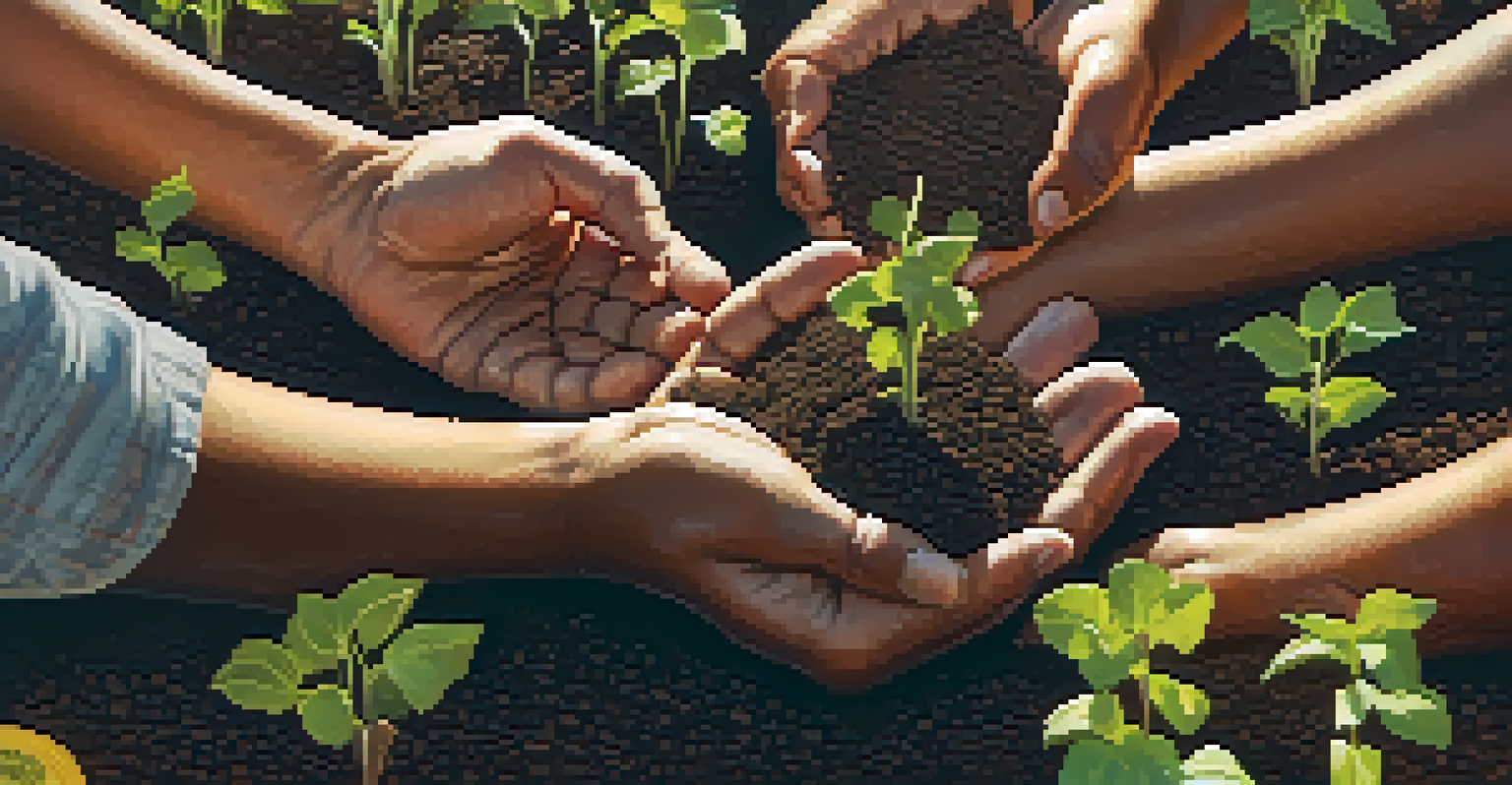 Close-up of hands planting seeds in dark soil in a community garden, with sunlight filtering through leaves.