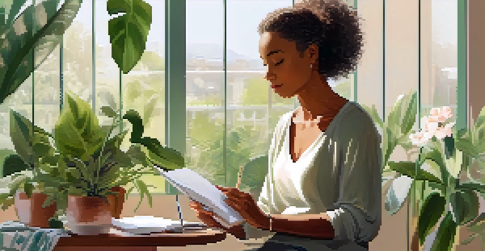 A wellness coaching session in a bright room with a coach and client discussing health goals, surrounded by plants and natural light.