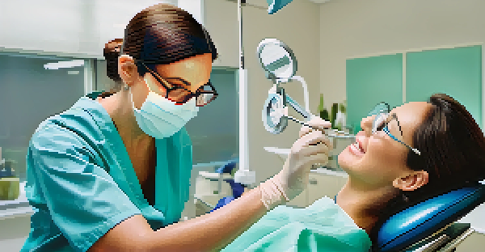 A dentist examines a patient's teeth in a modern dental office, with bright lighting and dental tools visible.