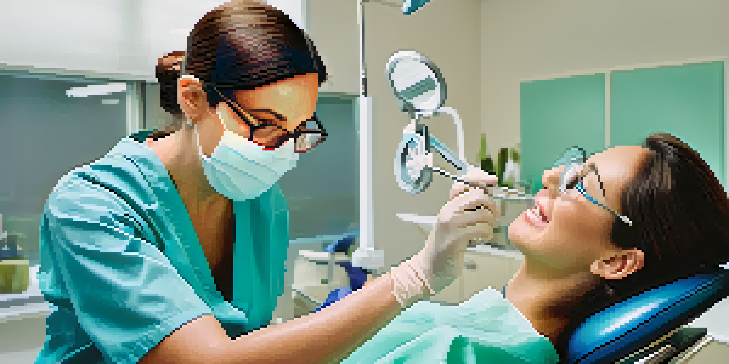 A dentist examines a patient's teeth in a modern dental office, with bright lighting and dental tools visible.