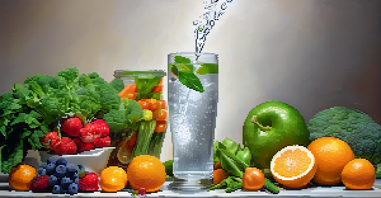A glass of clear water surrounded by fresh fruits and vegetables, highlighting the importance of hydration for gut health.