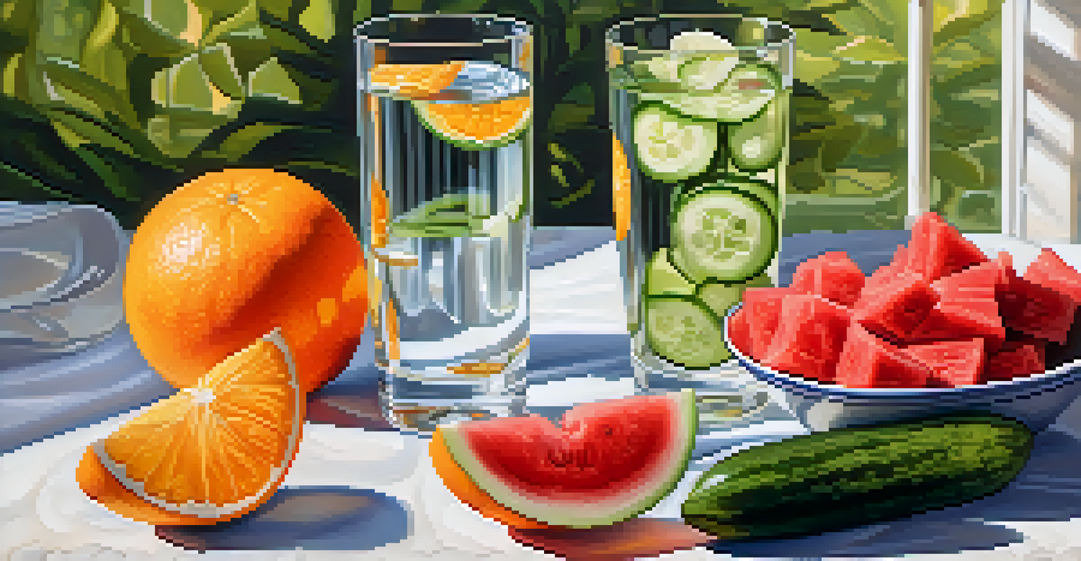 A glass of water with slices of cucumber, oranges, and watermelon around it, set in a softly blurred background with sunlight.