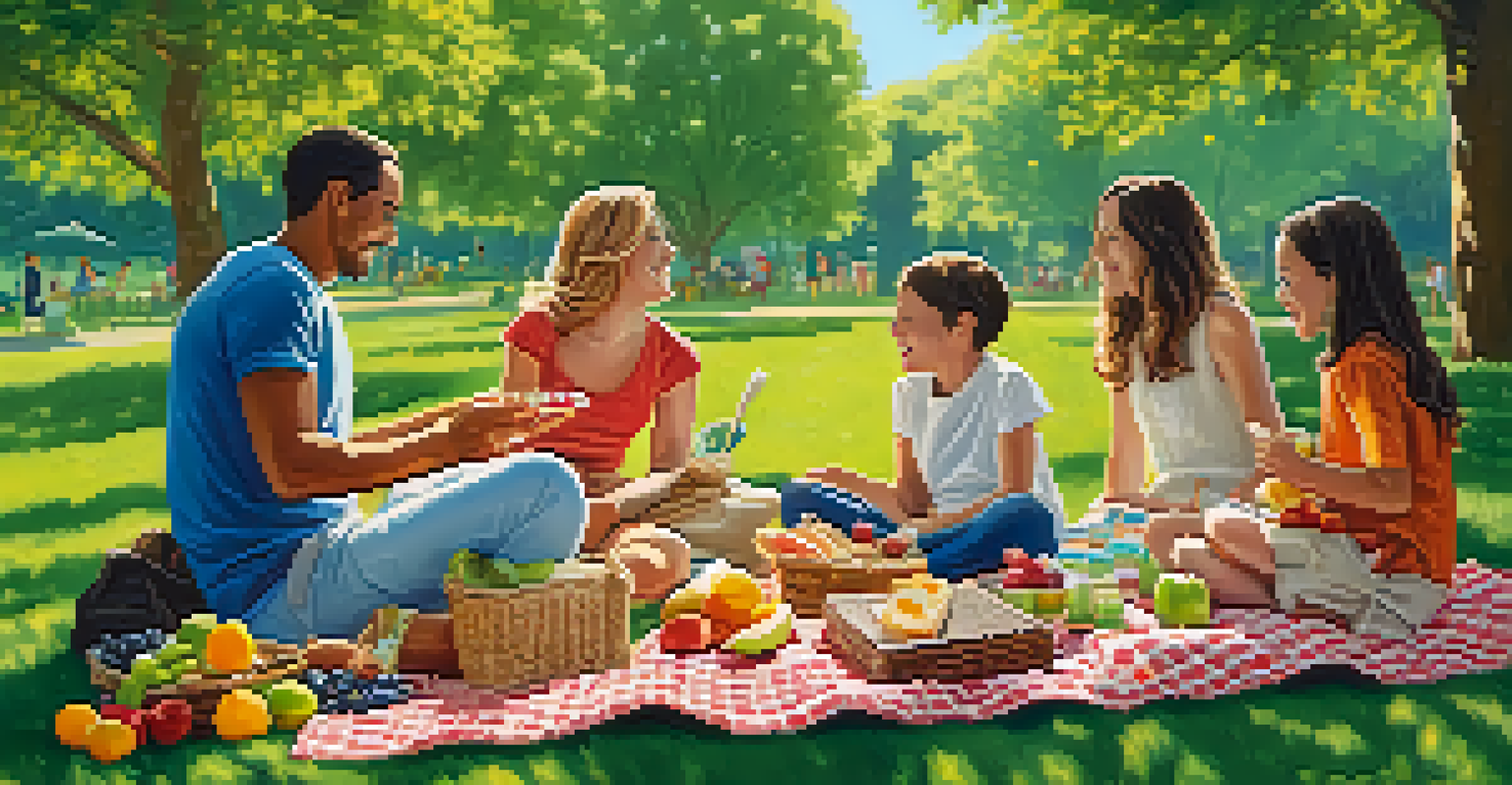 A family having a picnic in a green park, enjoying food and playing together under a blue sky.
