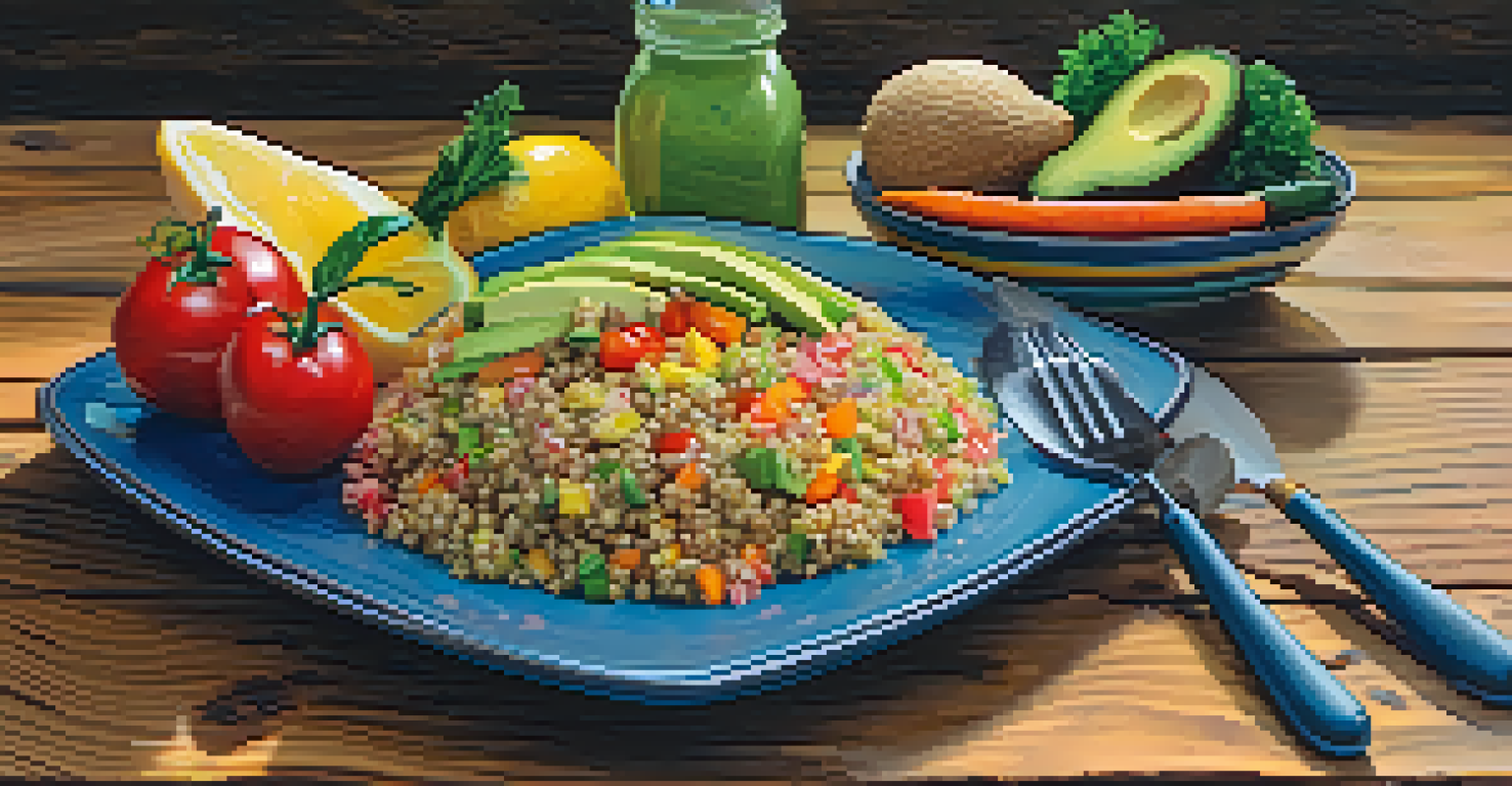 A vibrant plate of quinoa salad with colorful veggies and avocado on a rustic wooden table.