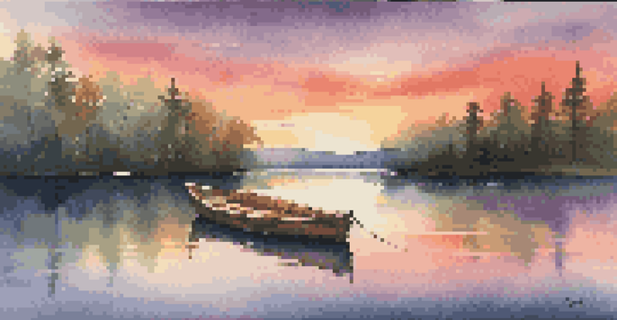 A tranquil lake at sunset with a wooden boat, surrounded by green forests, showcasing warm colors in the sky.