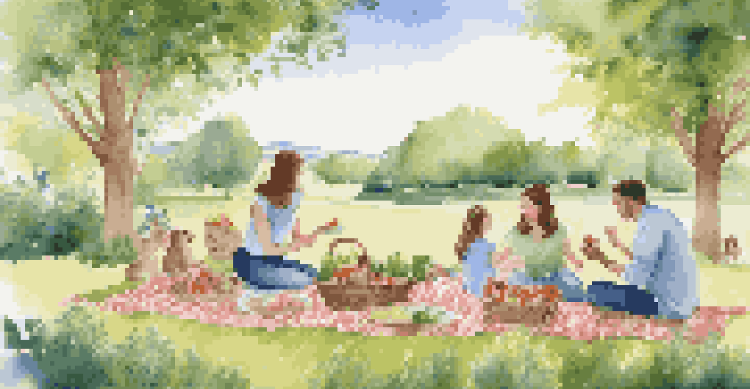 A peaceful outdoor picnic scene with a family on a blanket surrounded by healthy foods and a lush green landscape.