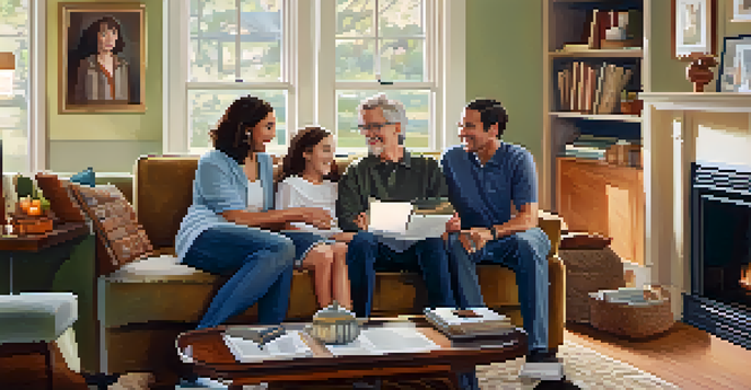 A family discussing health history in a cozy living room with warm lighting and family photos.