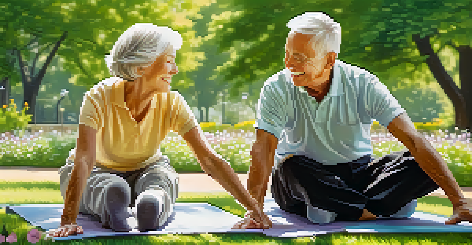 An elderly couple happily exercising outdoors in a green park, surrounded by nature.