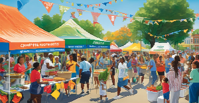 A lively health fair with diverse participants enjoying cooking demonstrations and fitness activities in a sunny outdoor setting.