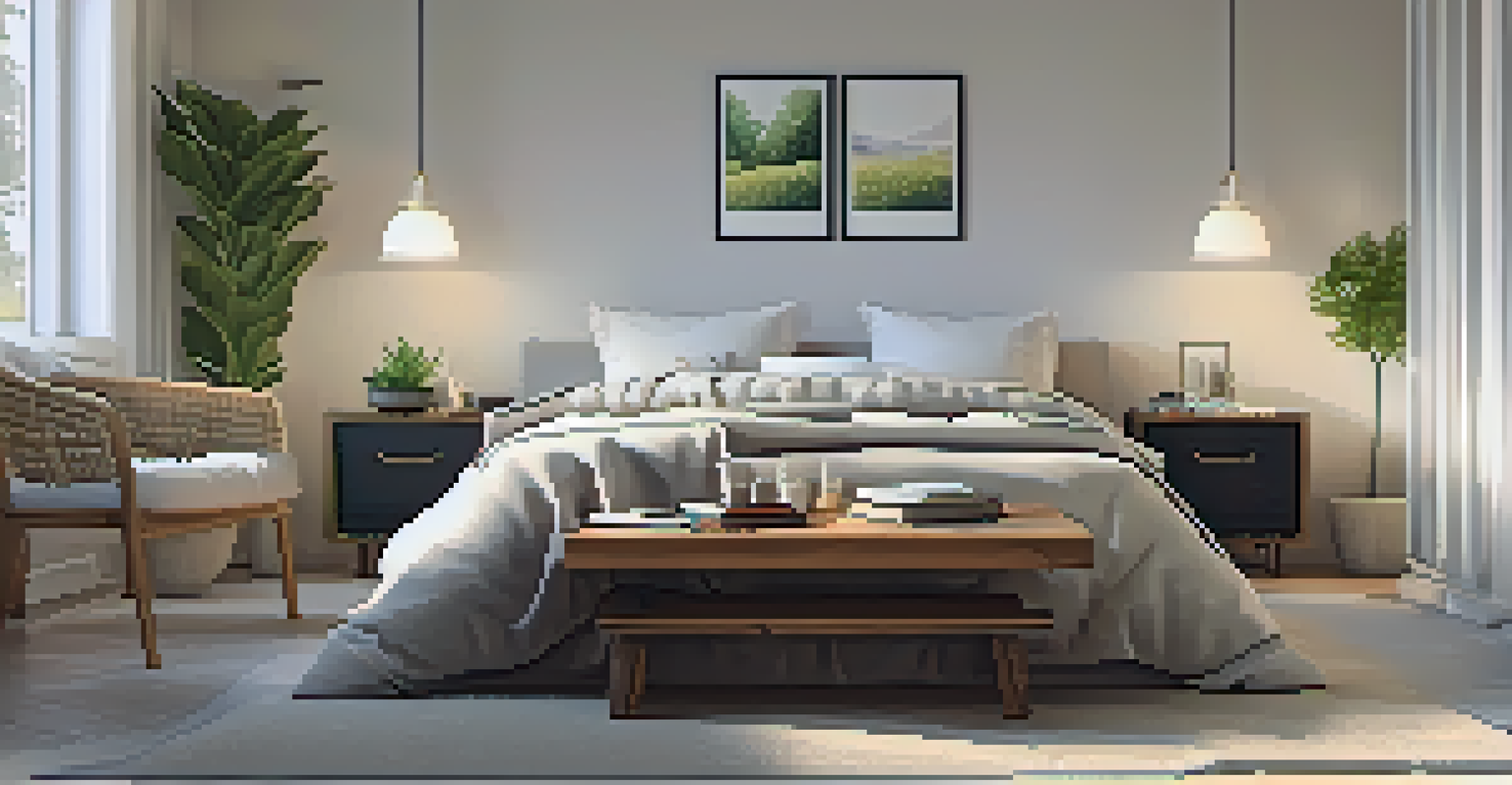 A peaceful bedroom with a made bed, a journal on the bedside table, an essential oil diffuser, and soft lighting, ideal for relaxation.