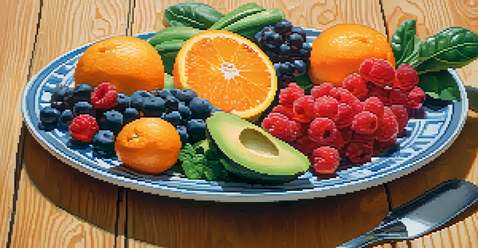 A vibrant assortment of fruits and vegetables on a plate, showcasing healthy nutrition.