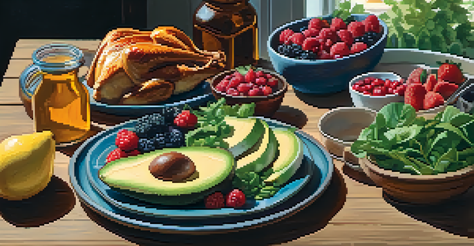 A colorful plate of healthy foods including greens, berries, avocado, and grilled chicken on a wooden table with sunlight filtering through a window.