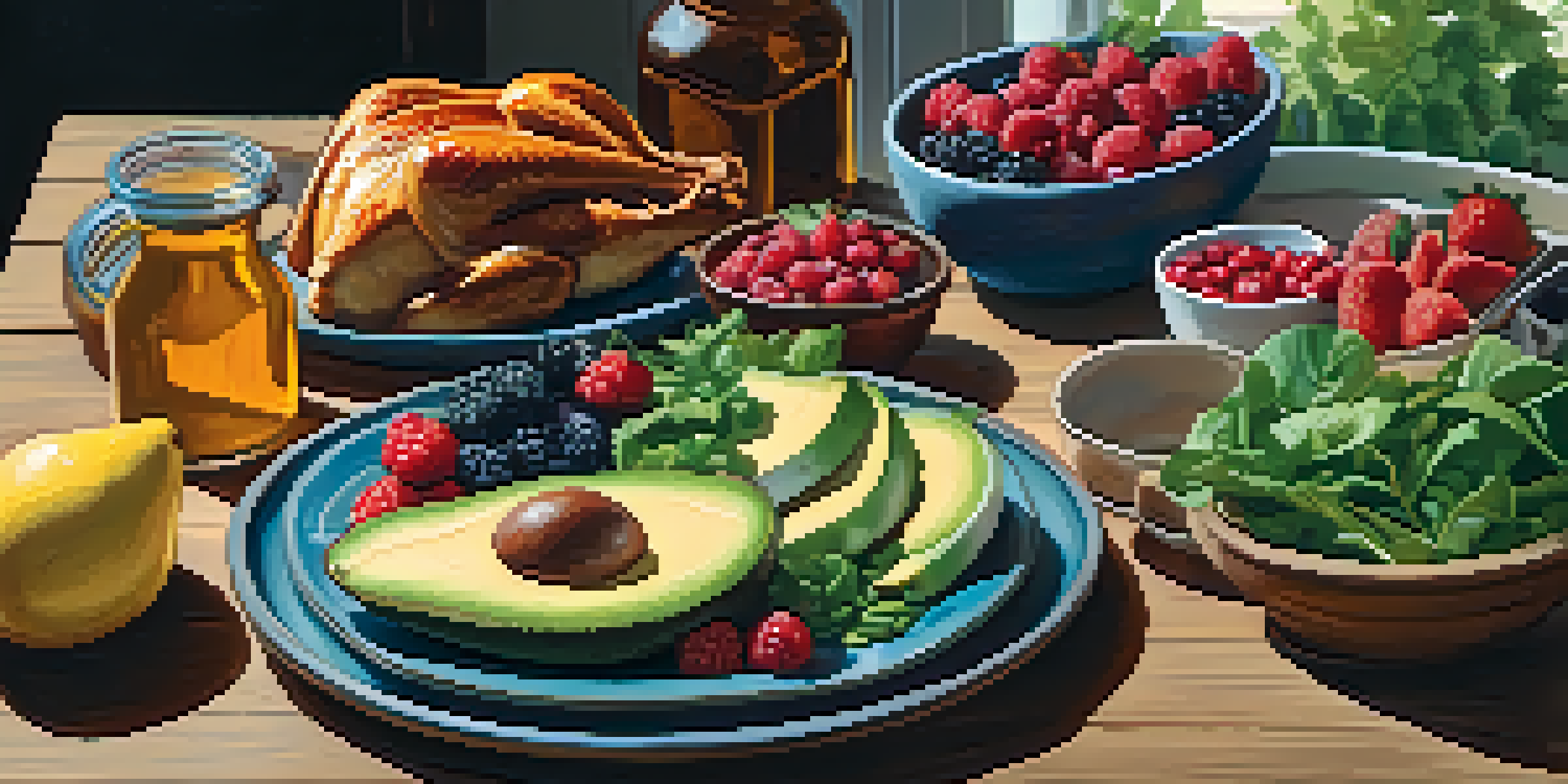 A colorful plate of healthy foods including greens, berries, avocado, and grilled chicken on a wooden table with sunlight filtering through a window.
