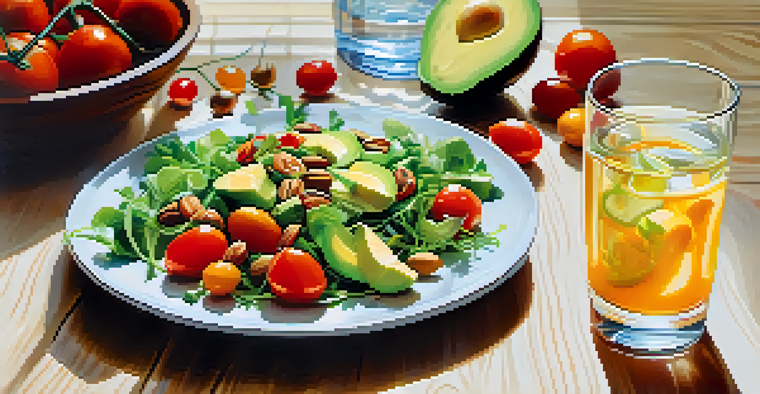 A colorful, healthy salad with fresh ingredients on a wooden table, accompanied by a glass of water with lemon slices.
