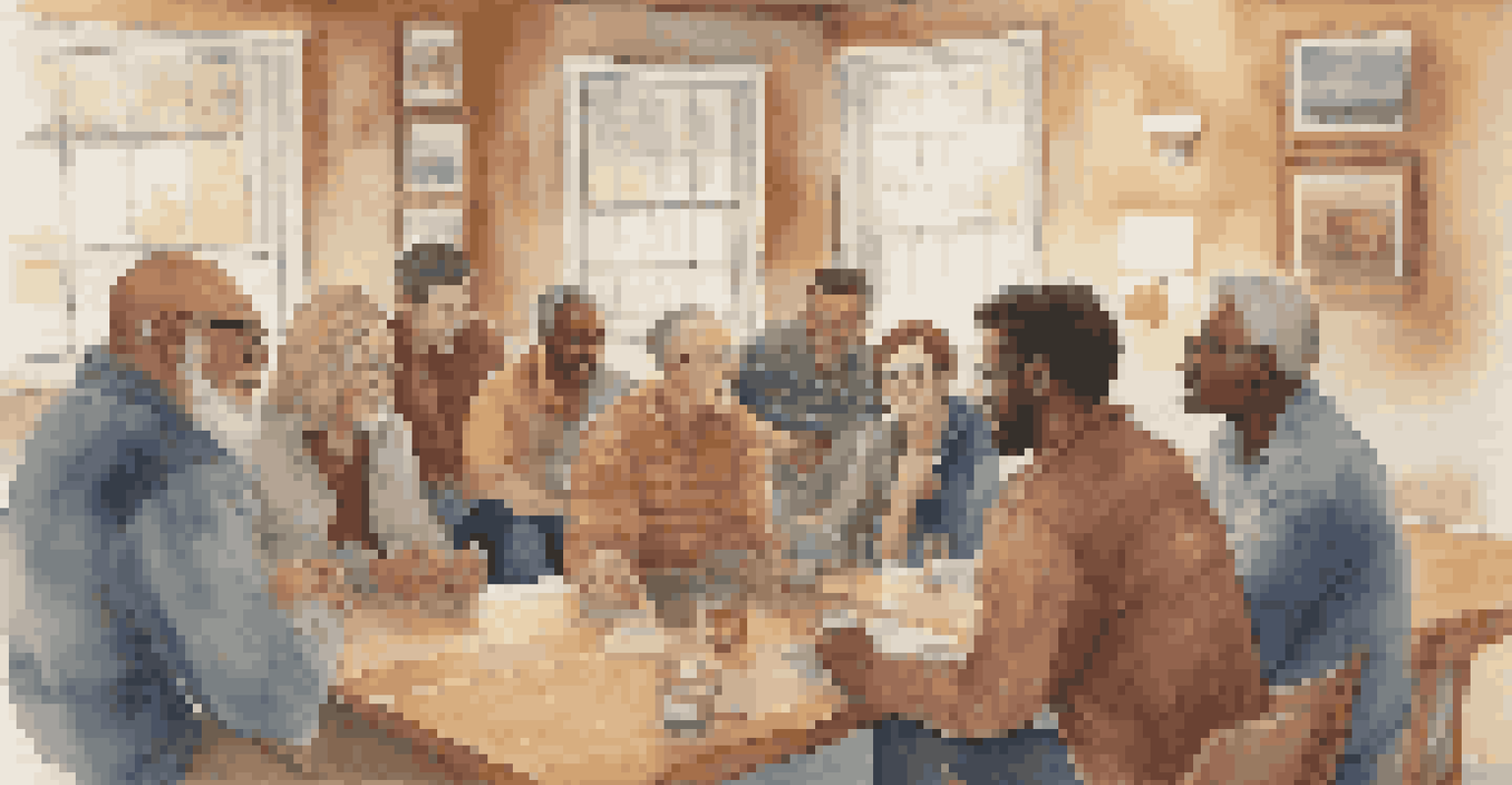 A cozy community gathering where men of various ages share experiences and support each other in a warm, inviting setting.