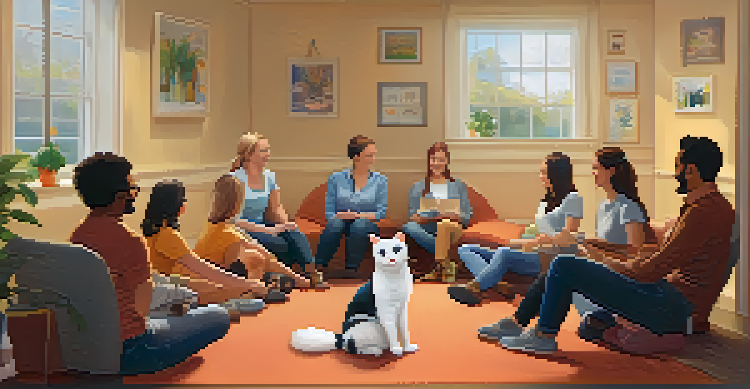 Employees participating in a pet therapy session, smiling and interacting with a therapy cat.