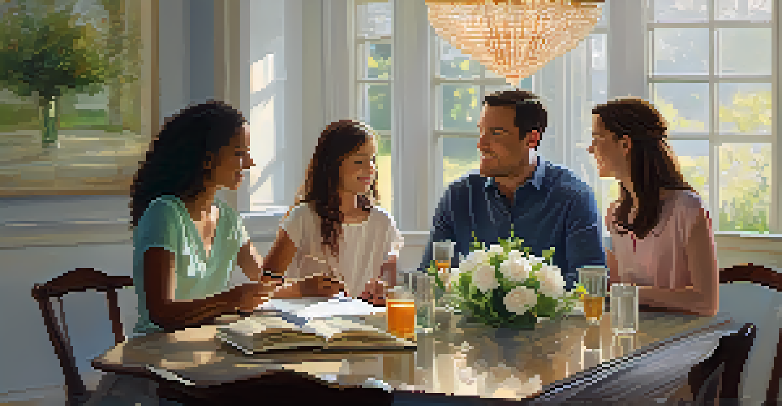 A family of five seated at a dining table, engaged in a meeting with notepads and a cozy atmosphere.