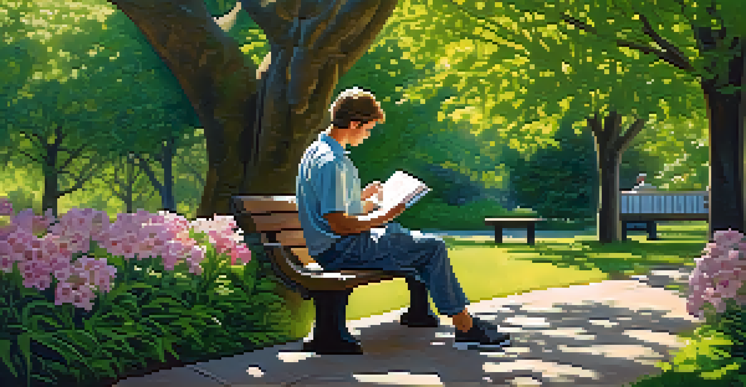 A person writing in a gratitude journal on a park bench, surrounded by greenery and blooming flowers, with sunlight filtering through the trees.