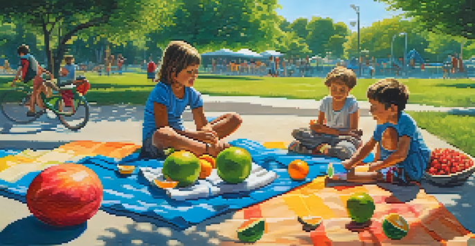 Children playing in a sunny park, with one child drinking water and a picnic blanket with fruits in the background.