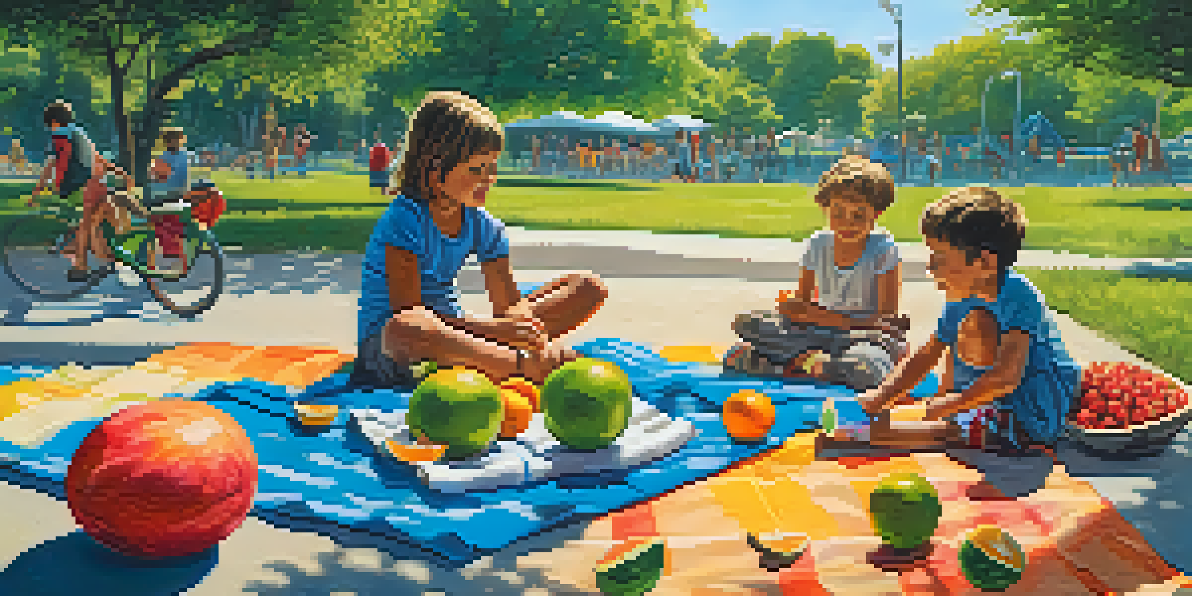 Children playing in a sunny park, with one child drinking water and a picnic blanket with fruits in the background.