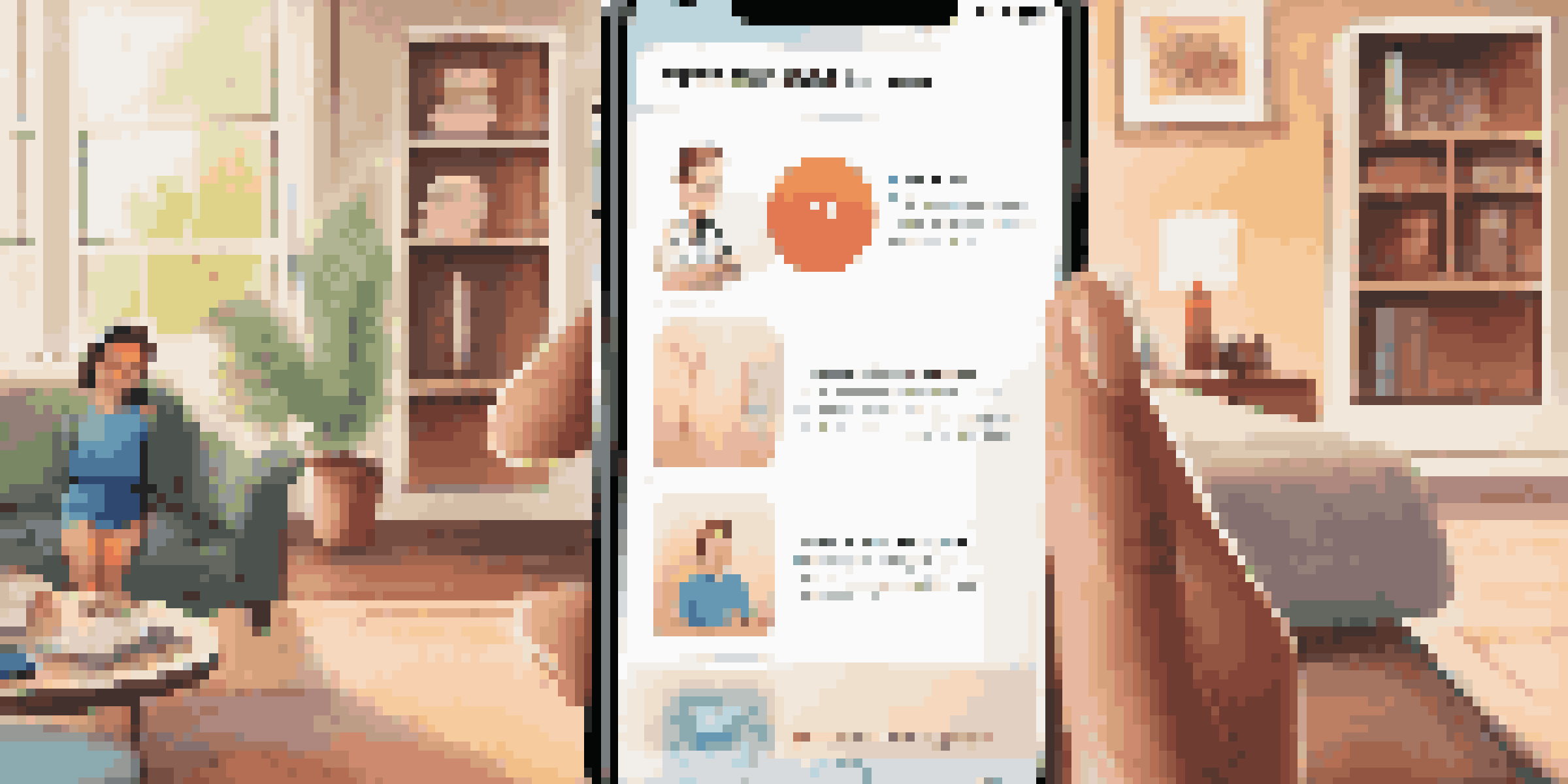 A person using a healthcare app on a smartphone in a cozy living room, showcasing health metrics and educational resources.