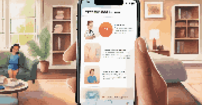 A person using a healthcare app on a smartphone in a cozy living room, showcasing health metrics and educational resources.