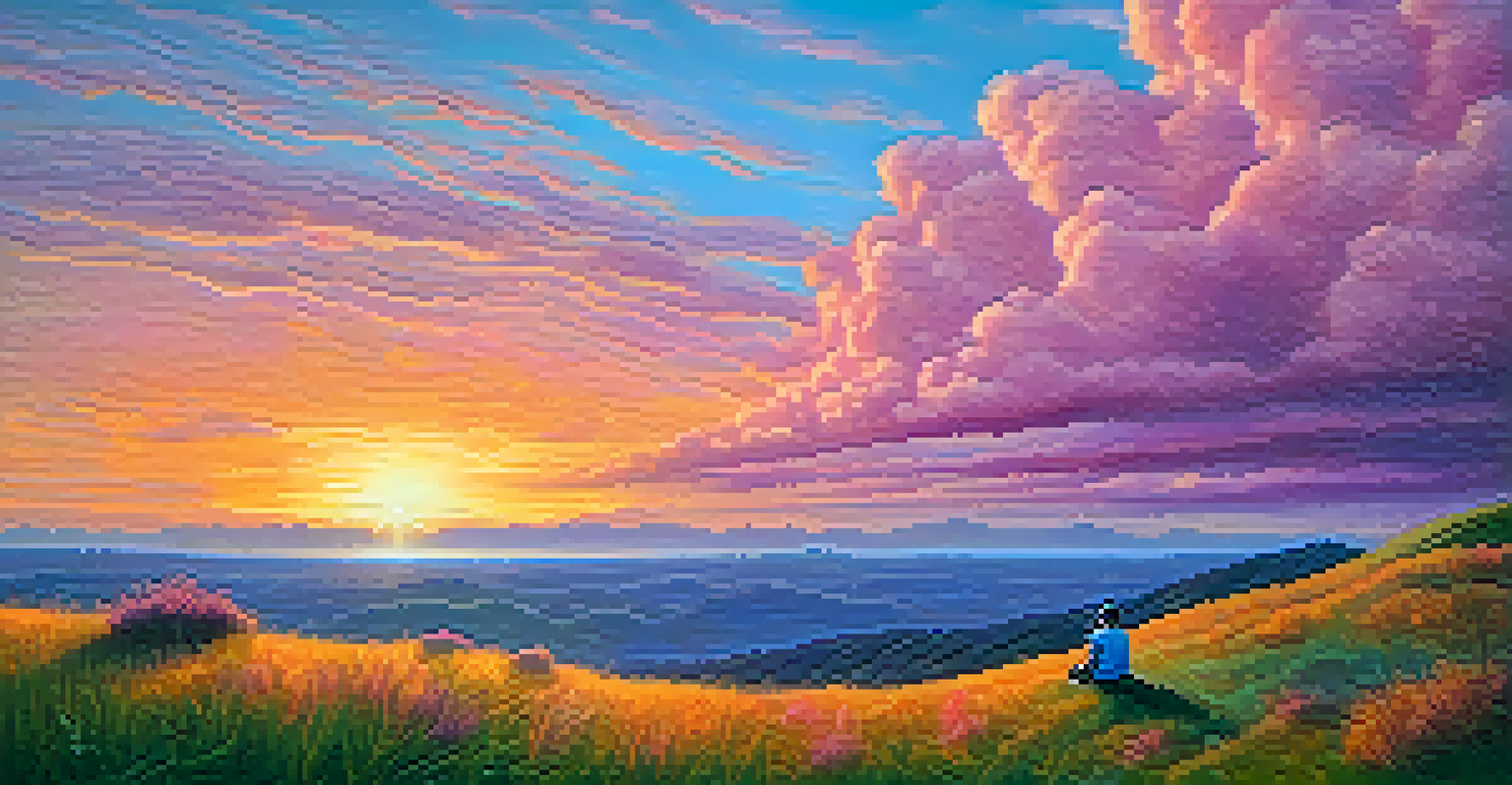 A person sitting on a hilltop, watching a colorful sunset, reflecting self-compassion and a connection to nature.
