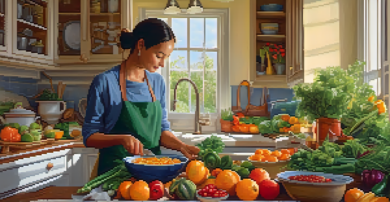 A person preparing a healthy meal in a cozy kitchen, surrounded by fresh fruits and vegetables on a wooden table.