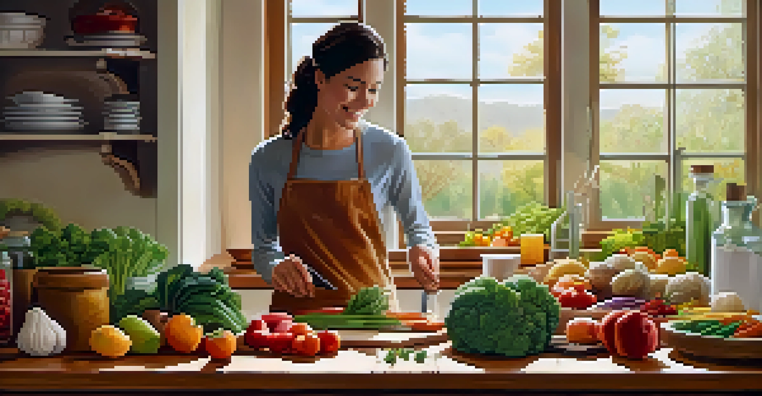 A person preparing a healthy meal in a cozy kitchen filled with fresh vegetables and fruits, illuminated by sunlight.
