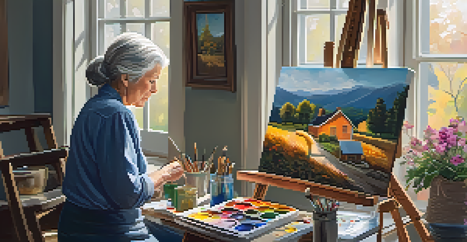 An older woman painting in a well-lit room filled with art supplies and her colorful artwork.