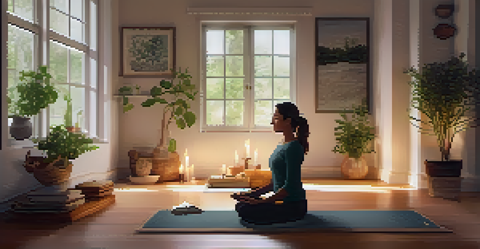 A cozy indoor scene of a person practicing mindful breathing on a yoga mat, with candles and a journal nearby.