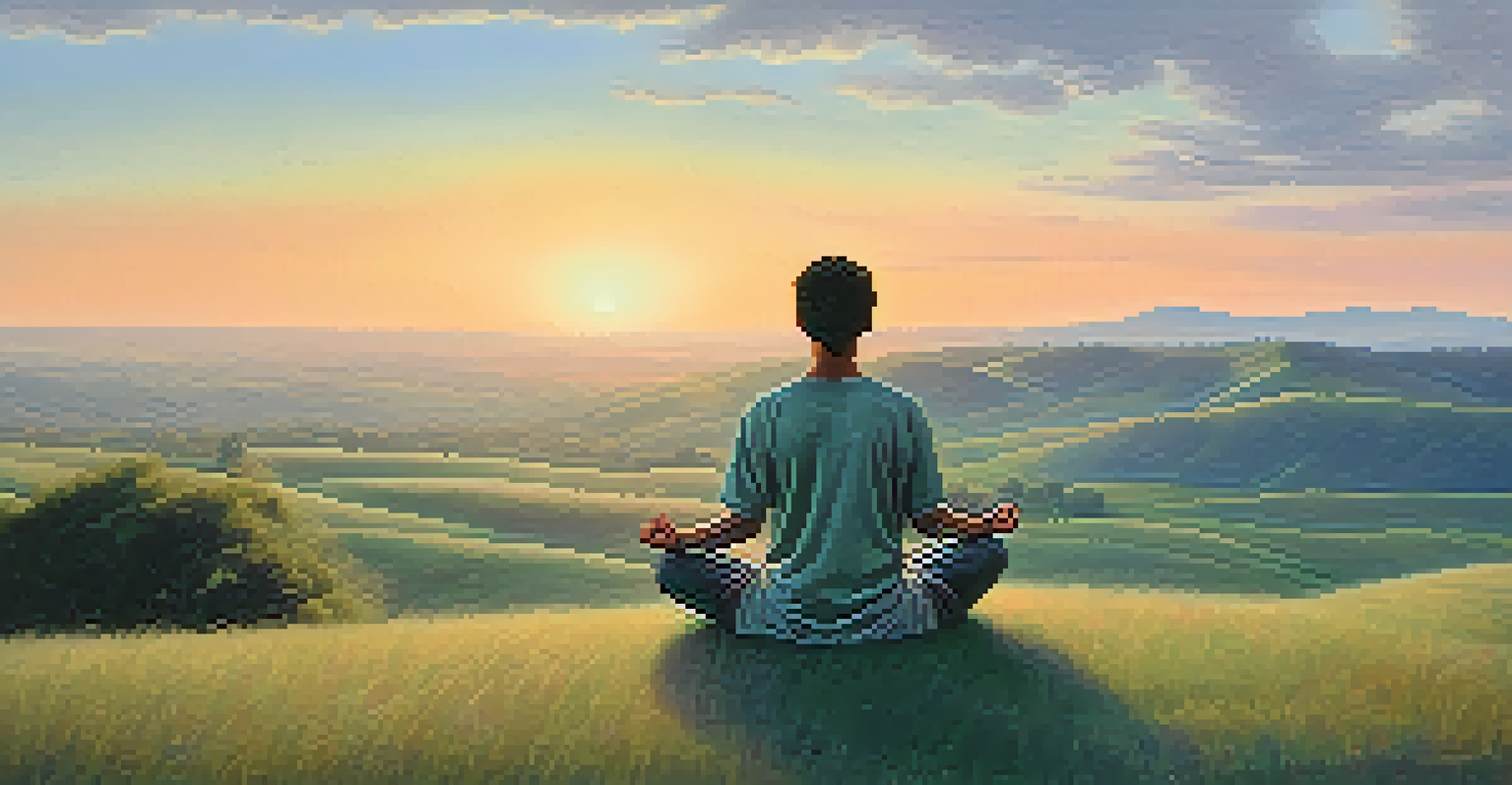A person meditating on a hilltop at sunset, with rolling hills in the background and a pastel sky.