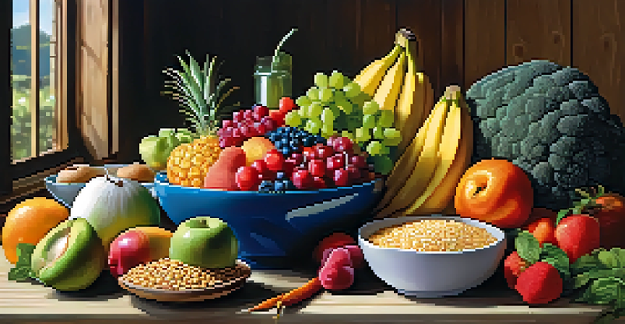 A colorful plate filled with fruits, vegetables, whole grains, and lean proteins, arranged beautifully on a rustic wooden table with natural light illuminating the scene.