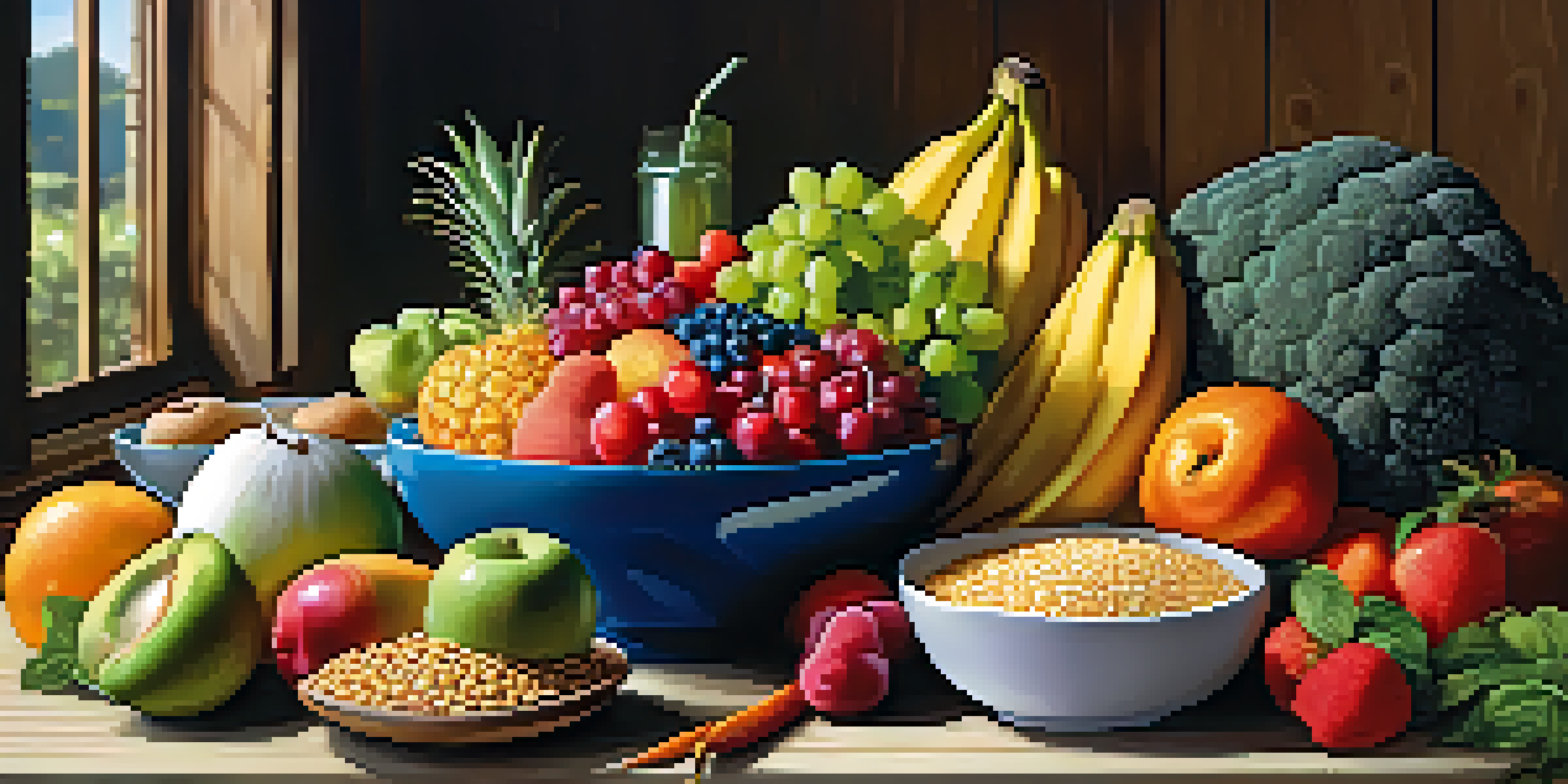 A colorful plate filled with fruits, vegetables, whole grains, and lean proteins, arranged beautifully on a rustic wooden table with natural light illuminating the scene.
