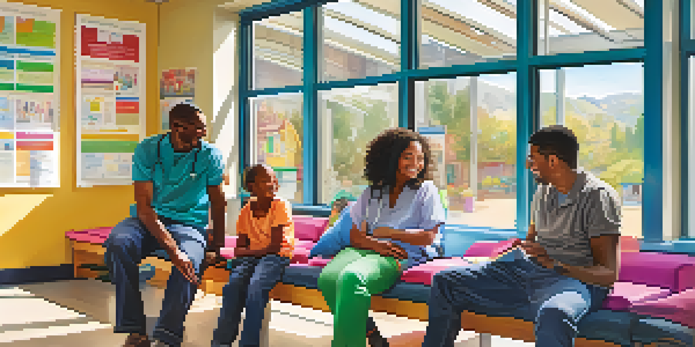 A diverse group of individuals in a clinic receiving vaccinations from a healthcare professional, surrounded by colorful health posters and bright lighting.
