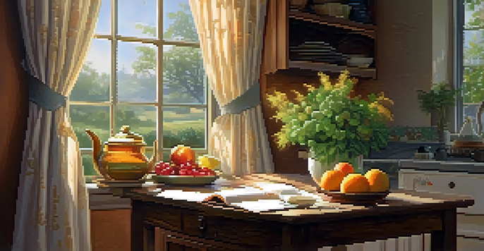 A cozy kitchen bathed in morning sunlight, featuring a wooden table with fresh fruits, a cup of herbal tea, and an open book.