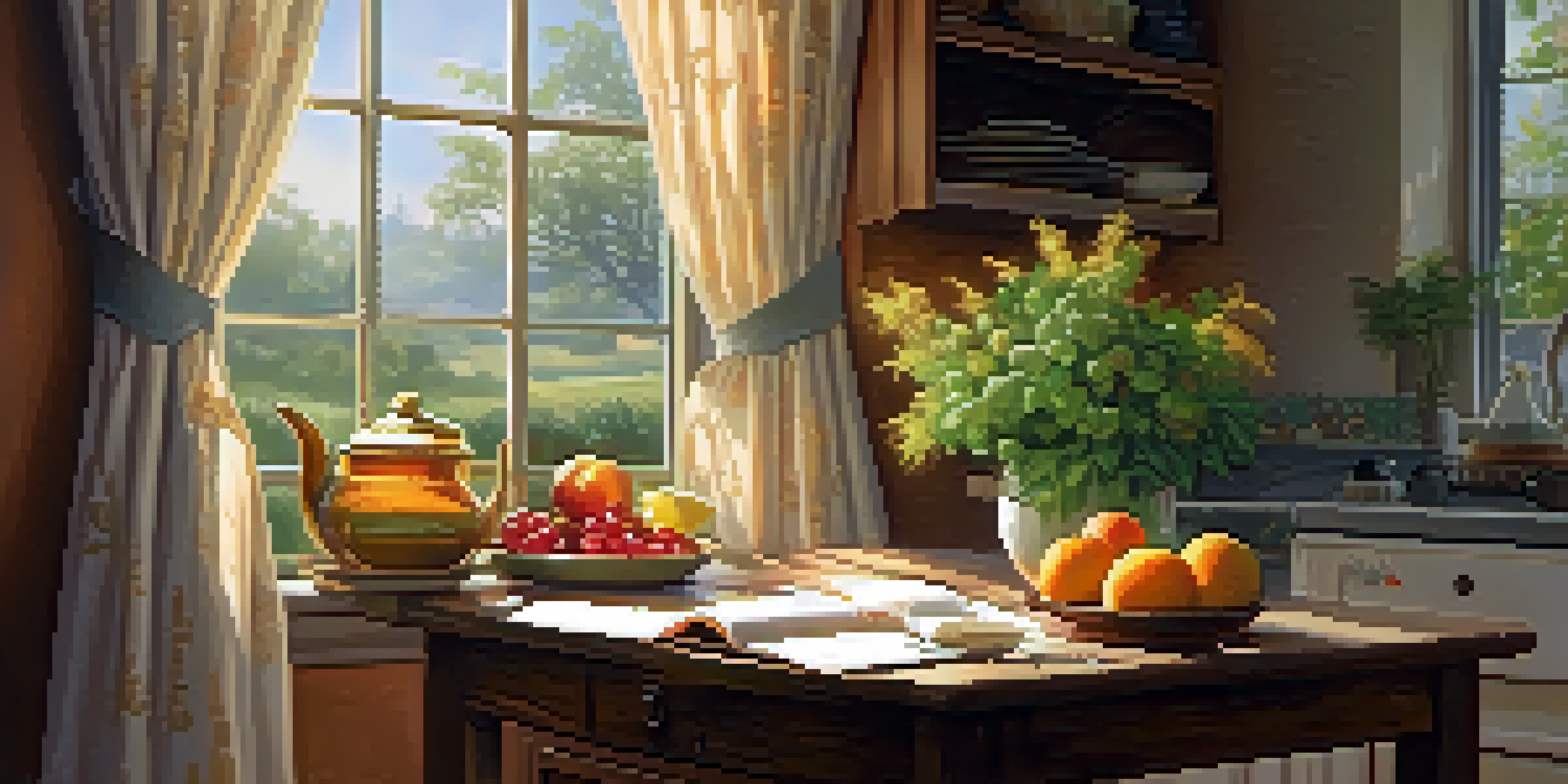 A cozy kitchen bathed in morning sunlight, featuring a wooden table with fresh fruits, a cup of herbal tea, and an open book.