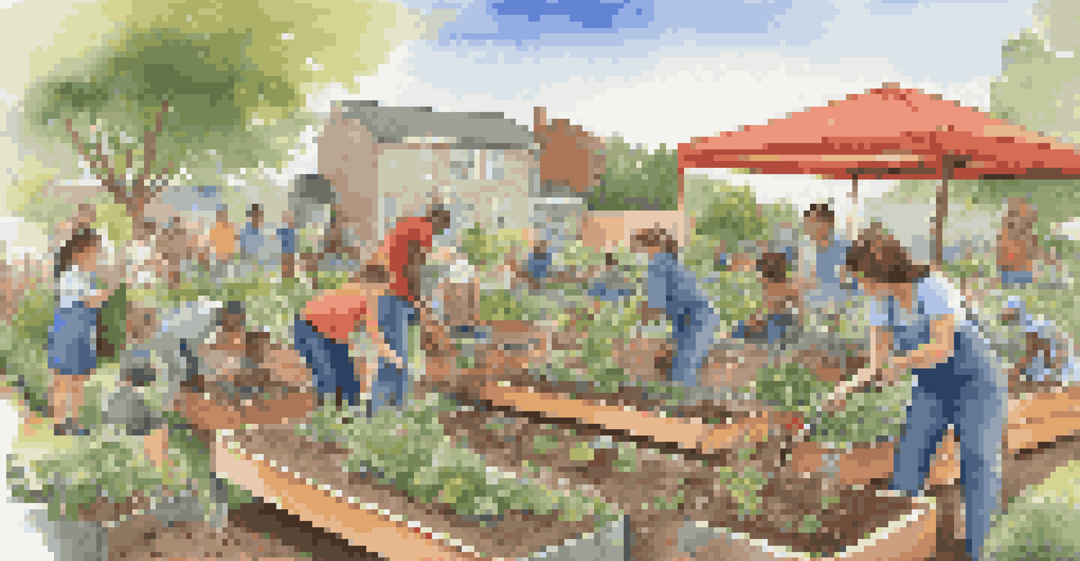 A community gardening workshop with children and adults learning planting techniques from an expert in a sunny garden.