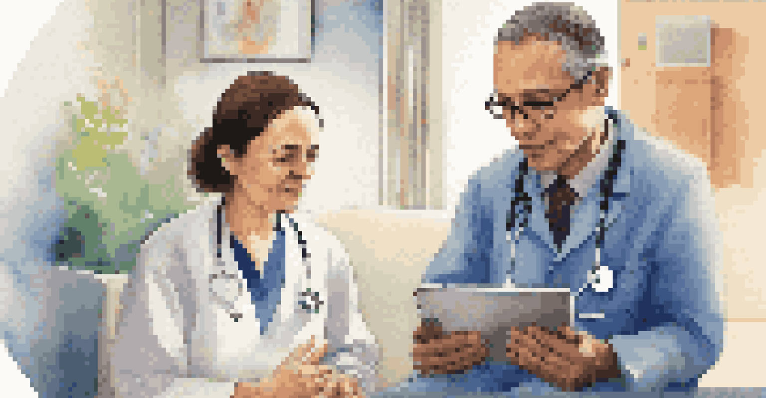 A healthcare provider using a translation app on a tablet to communicate with a patient in a modern clinic, showcasing compassion and understanding.