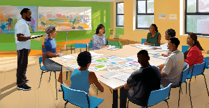 A community workshop where a facilitator explains rehabilitation processes to a diverse group of participants.