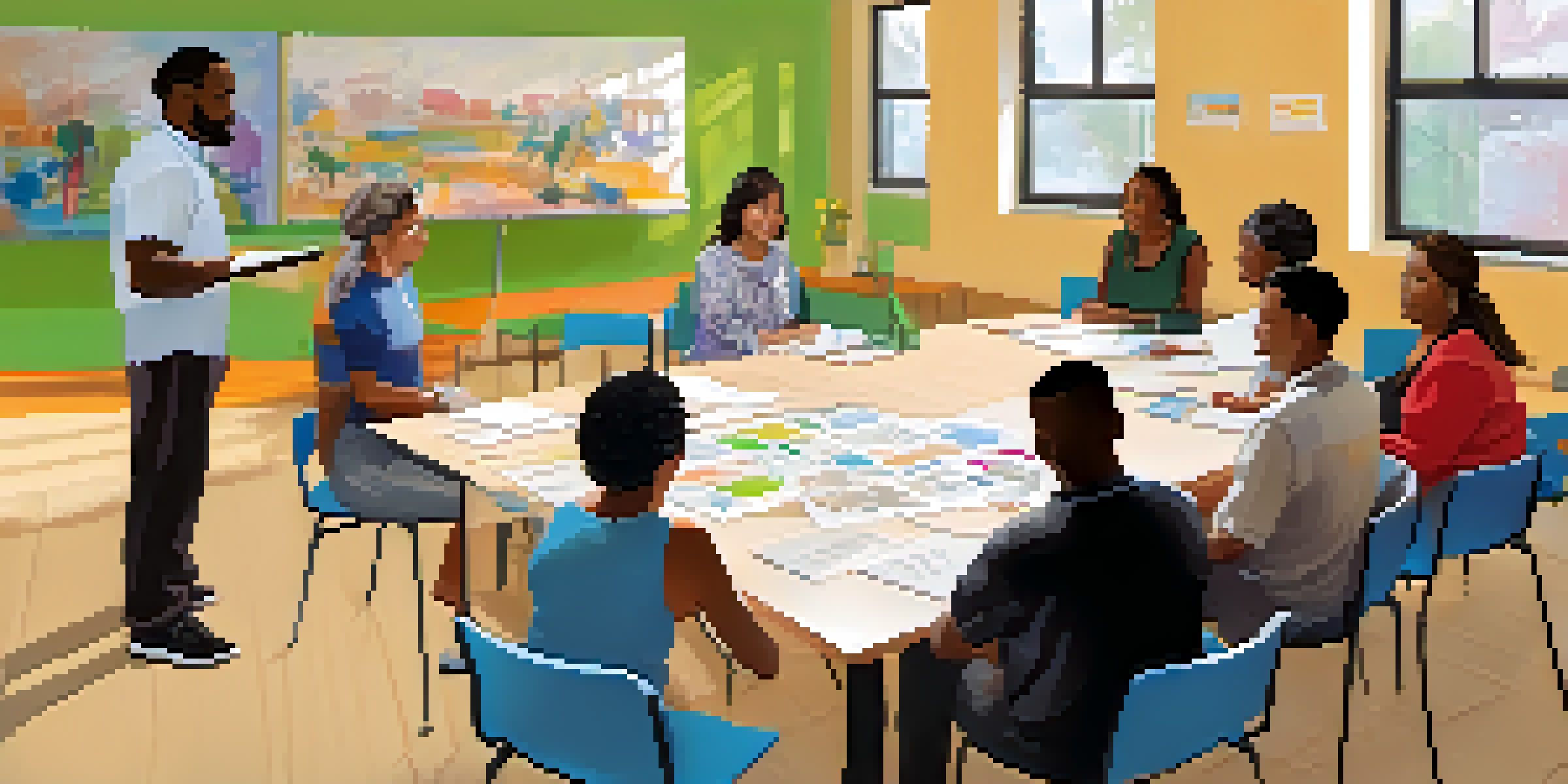 A community workshop where a facilitator explains rehabilitation processes to a diverse group of participants.