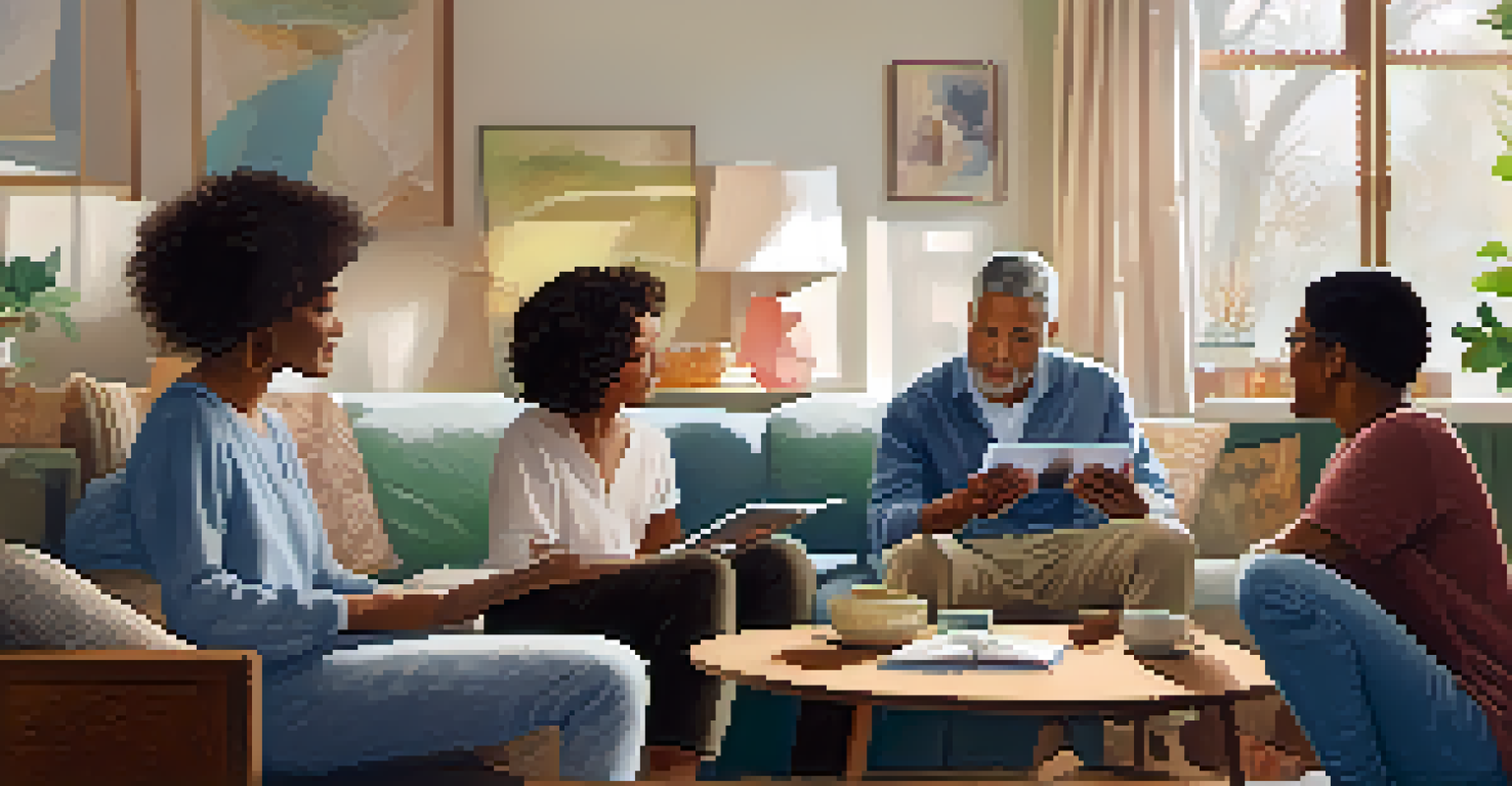 A family gathering in a cozy living room discussing health history, with diverse family members engaged in conversation.