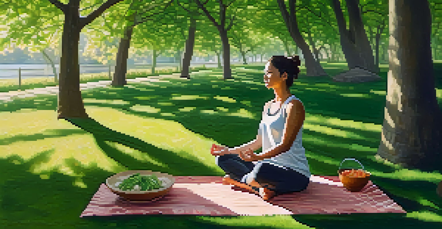 A peaceful outdoor scene of a person doing yoga in a park with a picnic blanket of fermented foods nearby, promoting gut health.