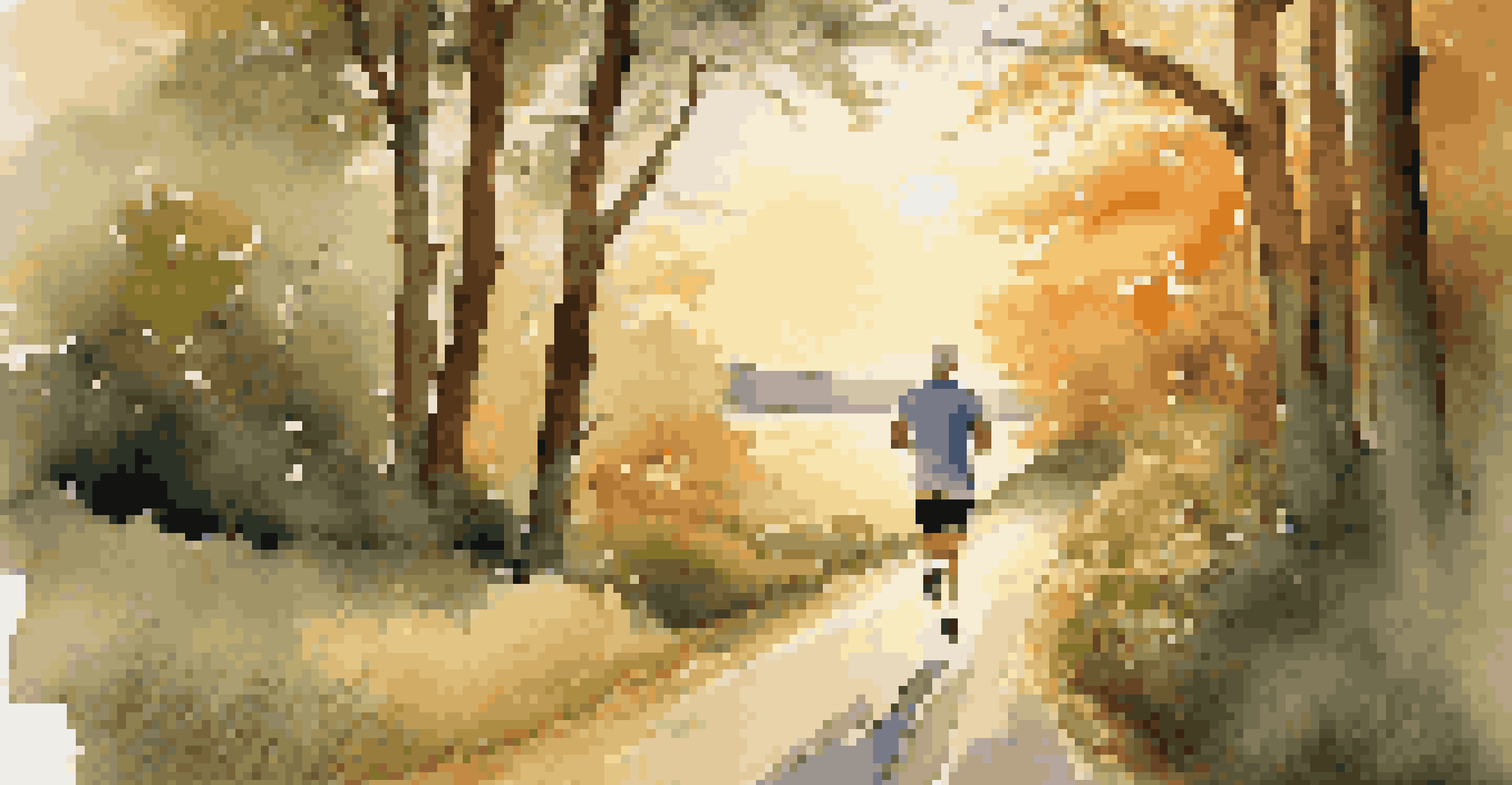A middle-aged man jogging on a scenic path surrounded by trees, with a warm sunset in the background, promoting an active and healthy lifestyle.